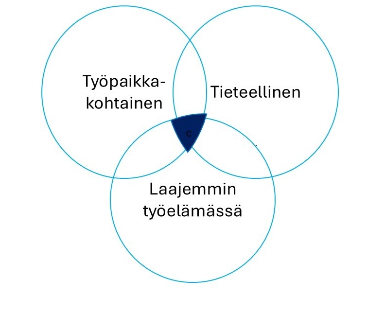 Kuvassa kolme ympyrää, jotka menevät osittain päällekkäin. Ympyröissä lukee Työpaikkakohtainen, tieteellinen ja laajemmin työelämässä.