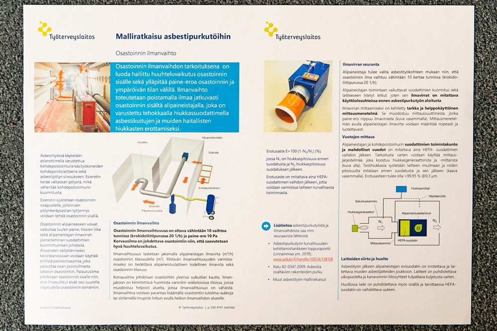 Aukeama Työterveyslaitoksen julkaisusta (Linkki sanasta julkaisusta) http://www.julkari.fi/handle/10024/138158). Julkaisu sisältää malliratkaisuja asbestipurkutöihin.